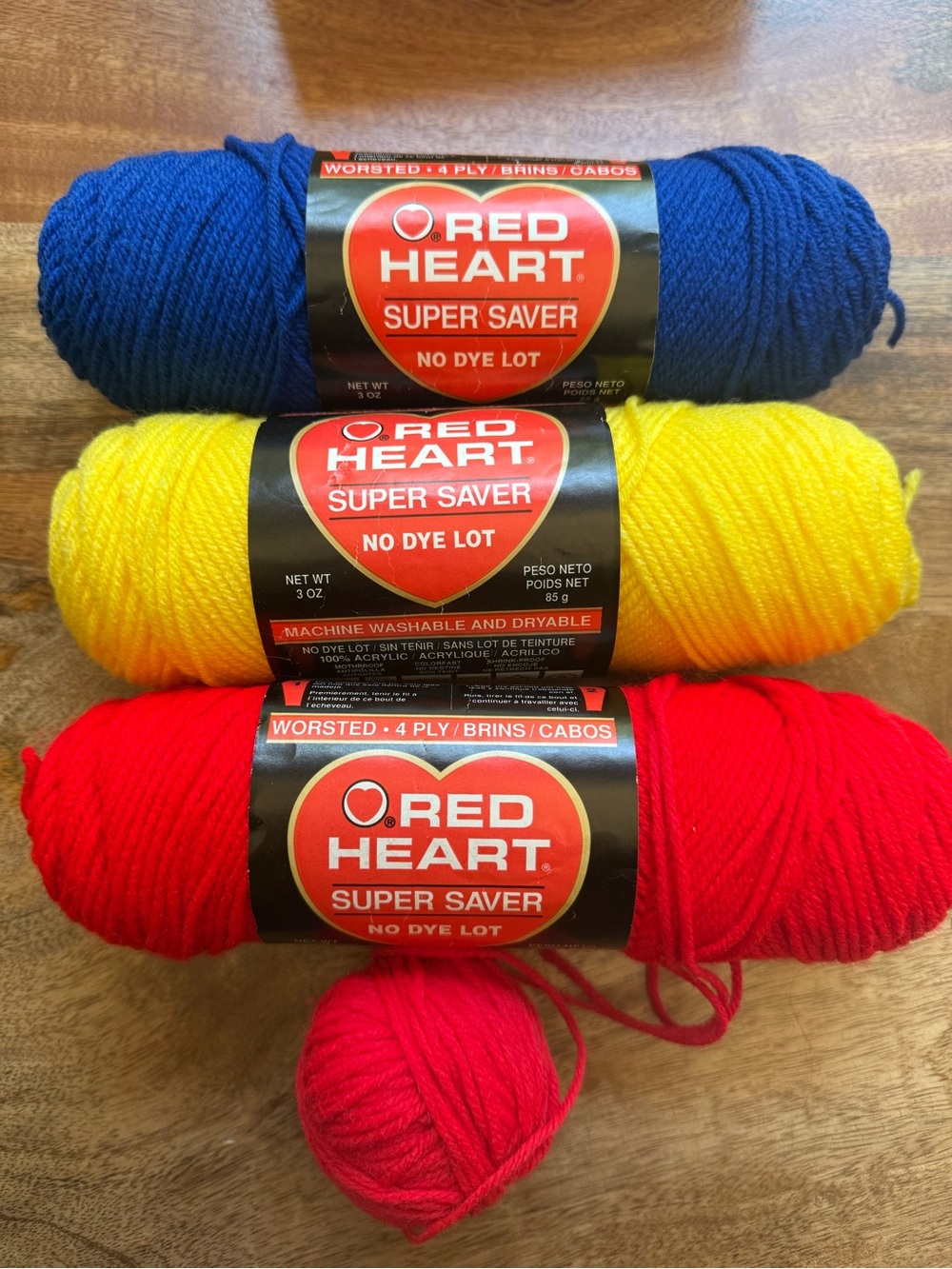 Red Heart Super Saver Yarn Trio — Blue, Yellow, Red